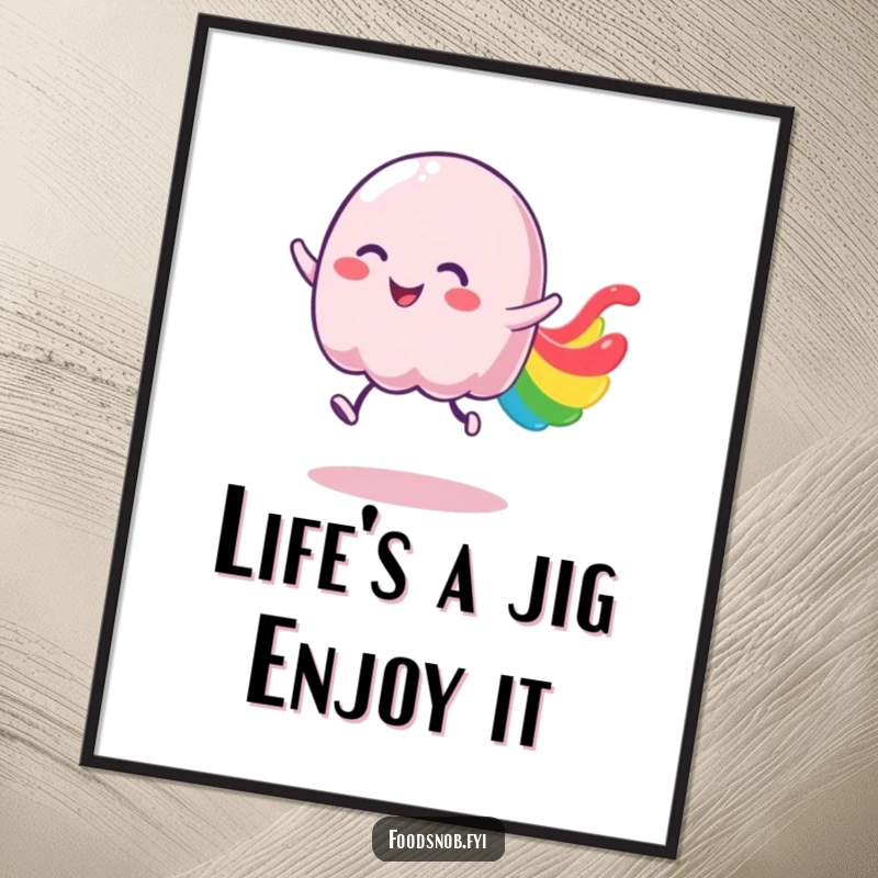 Funny Free Printable Wall Art: Wobbly jelly character bouncing joyfully, leaving a mesmerizing, colorful trail for a whimsical vibe.