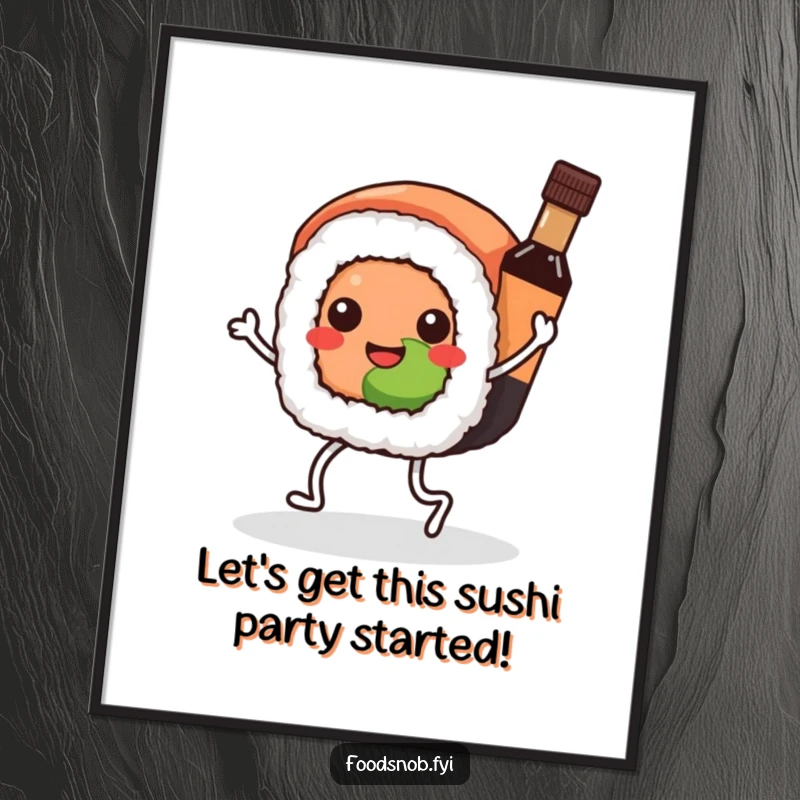 Funny Free Printable Wall Art: A Kawaii sushi roll with legs joyfully dances with a tiny bottle of soy sauce.
