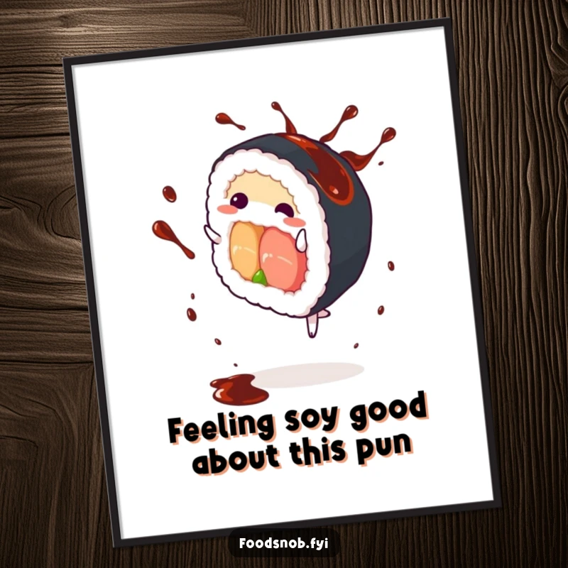 Funny Free Printable Wall Art: Sushi roll performing an energetic cartwheel with soy sauce splashing, a dynamic and humorous piece.