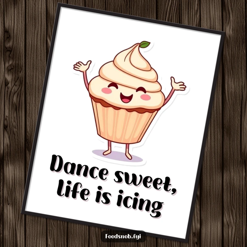 Funny Free Printable Wall Art: Smiling cupcake with arms joyfully dancing, bringing sweet, hilarious vibes to any room, downloadable decor.