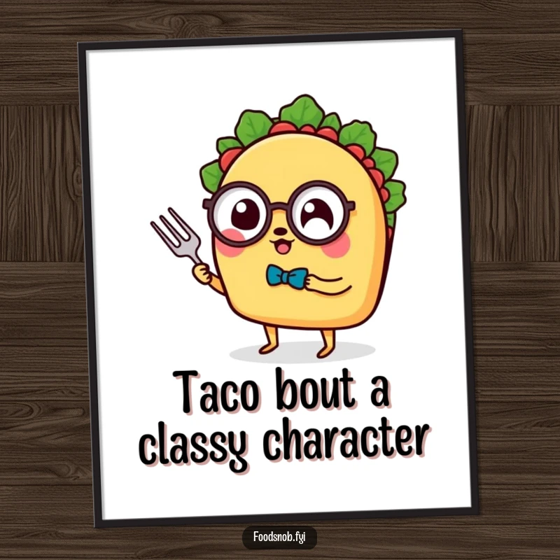 Funny Free Printable Wall Art: A taco with tiny legs, monocle, and fork, exuding refined humor and sophisticated style.
