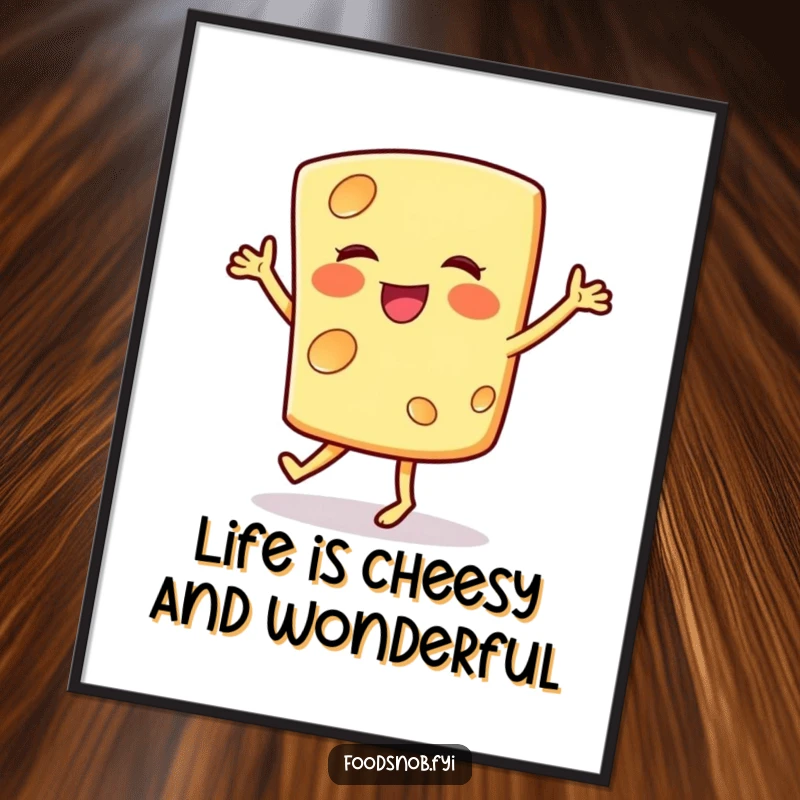 Funny Free Printable Wall Art: A smiling slice of cheese doing a joyful jig, embodying happiness and dairy fun.