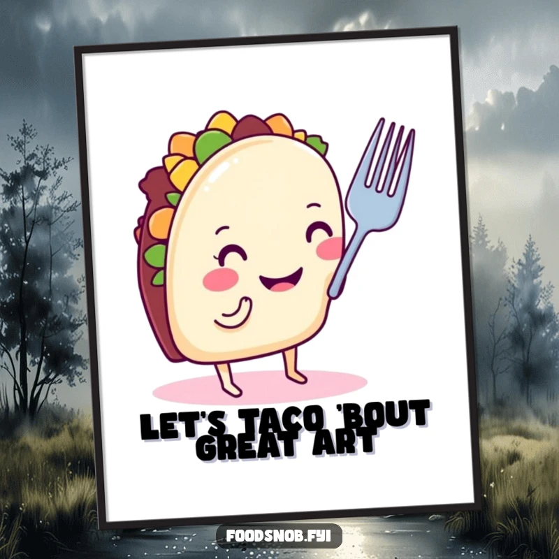 Funny Free Printable Taco Wall Art: A smiling taco with tiny legs judges a tiny fork with its nose.