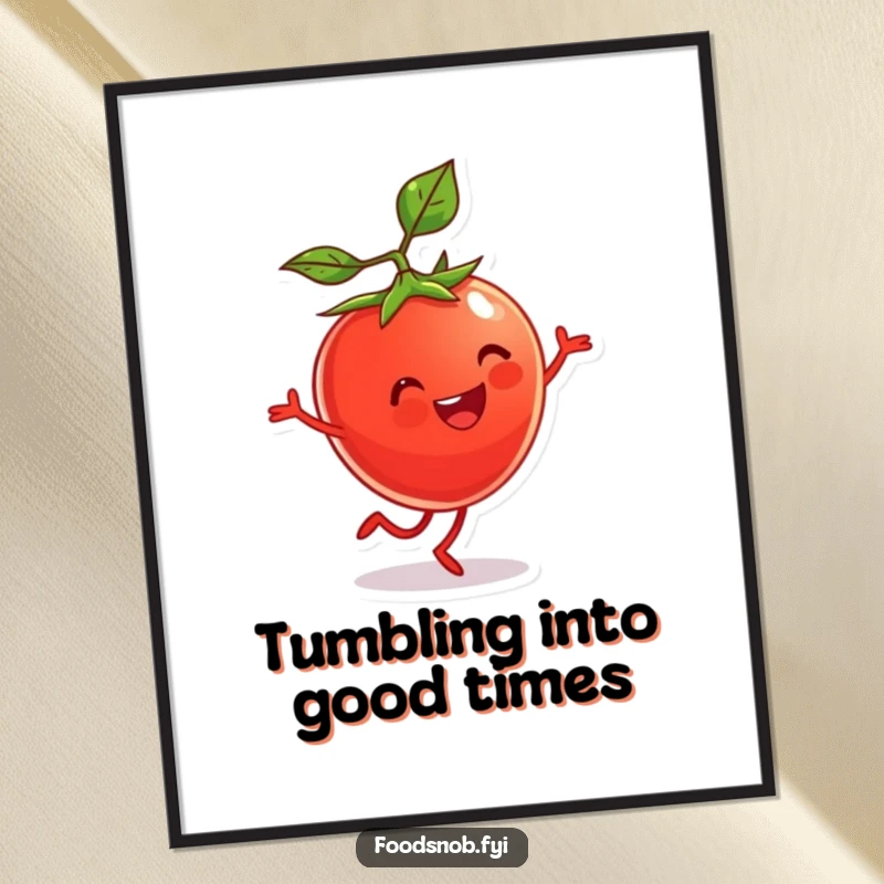 Funny Free Printable Wall Art: A beaming cherry tomato character with tiny legs performing an energetic cartwheel, full of life.
