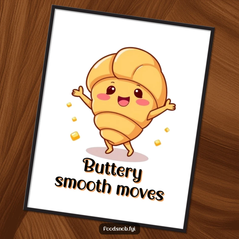 Funny Free Printable Wall Art: Happy croissant character doing a joyful dance with tiny butter pats, whimsical decor.