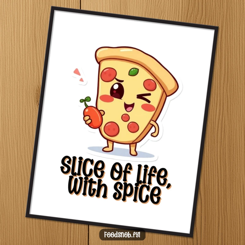 Funny Free Printable Wall Art: A mischievous pizza slice character winking while holding a tiny pepperoncini, quirky decor.