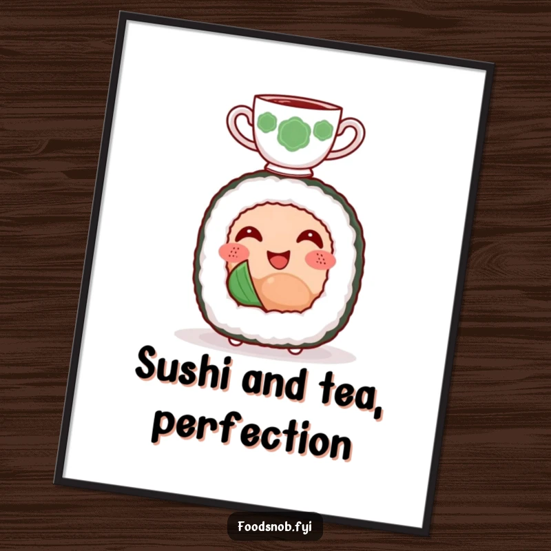 Funny Free Printable Wall Art: A smiling sushi roll character perfectly balances a tiny teacup on its head.