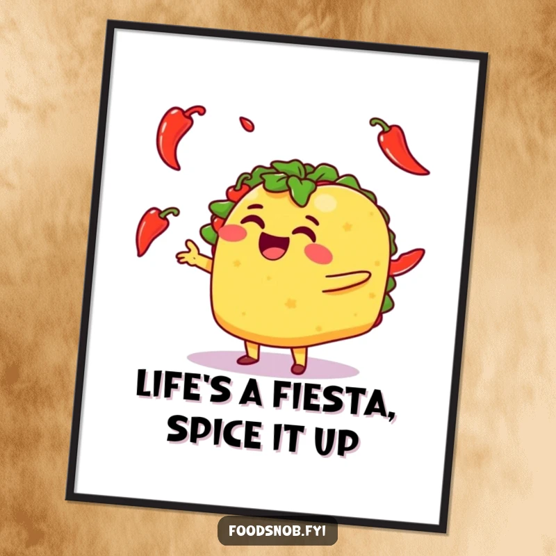 Funny Free Printable Wall Art: Cheerful taco character enthusiastically juggling miniature chili peppers, vibrant and humorous downloadable decor.
