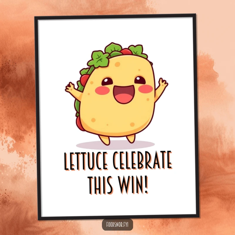 Funny Free Printable Wall Art: A happy taco mid-hop, radiating excitement and deliciousness, perfect for kitchen decor.