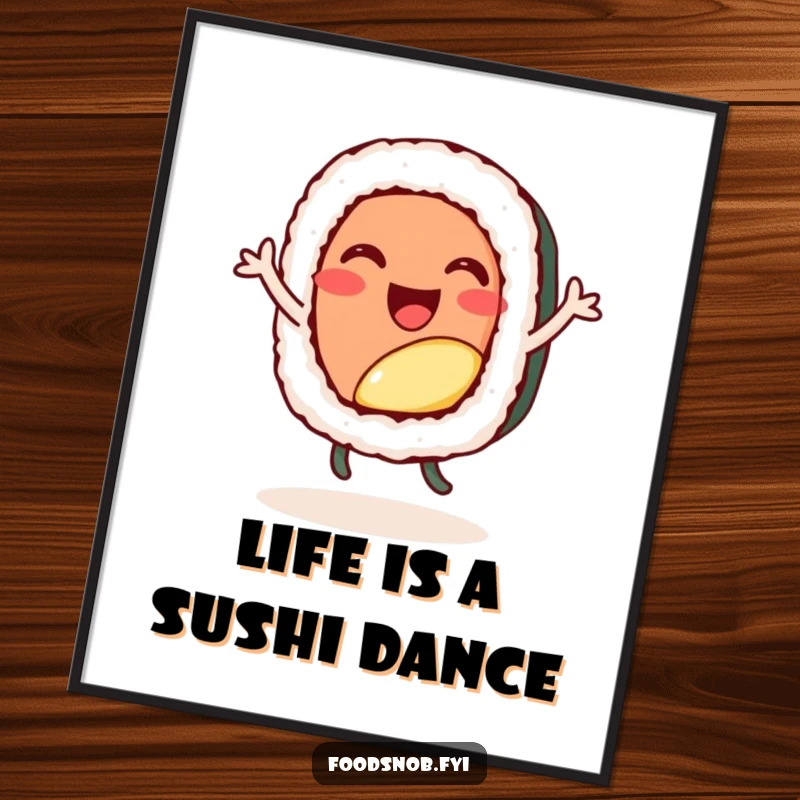 Funny free printable wall art showcasing a cheerful sushi roll character mid-dance, radiating happiness, perfect playful decor.