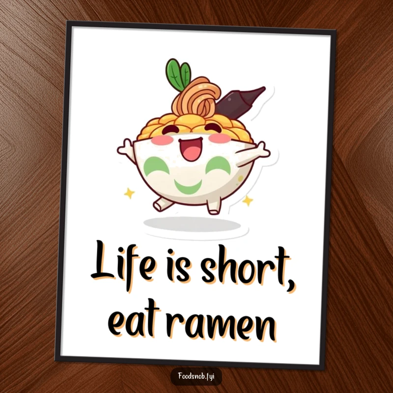 Funny Free Printable Wall Art: A bubbly ramen bowl character bounces enthusiastically, adding a cheerful and fun element to decor.