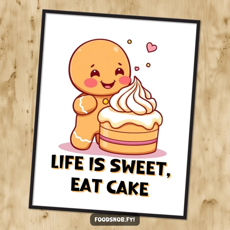 Funny Free Printable Wall Art: Gleeful gingerbread man character joyfully sprinkling icing on a miniature cake.