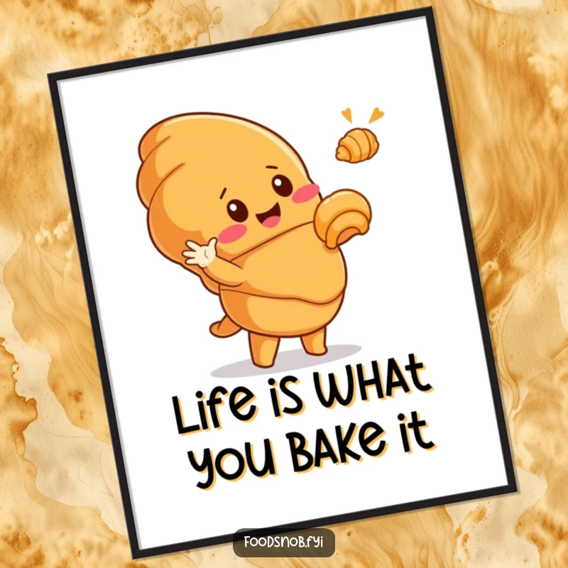 Funny Free Printable Wall Art: Smiling Croissant Character Dramatically Gesturing at a Tiny Croissant, Whimsical Decor