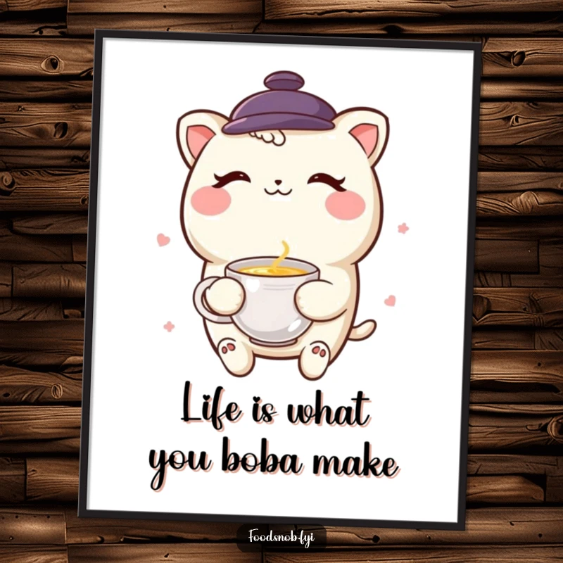 Funny Free Printable Wall Art: A smiling boba tea character winks playfully while holding a miniature teacup, a fun and charming piece of decor.