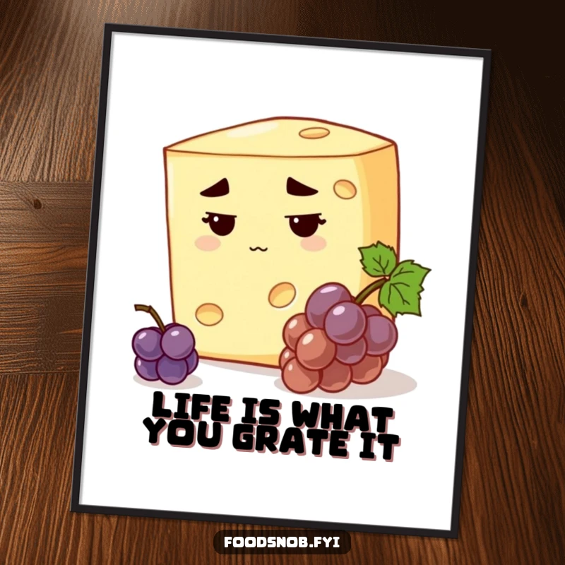 Funny Free Printable Cheese Wall Art: A discerning piece of cheese with a stern expression inspects a tiny grape.