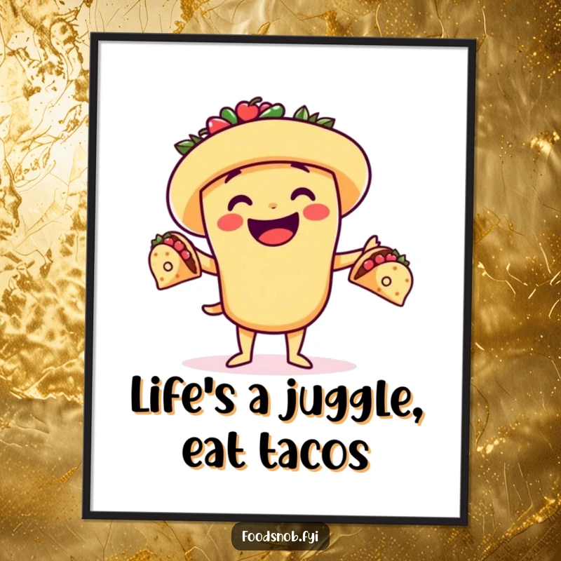 Funny Free Printable Wall Art: Animated taco character expertly juggling three small, perfect tacos.