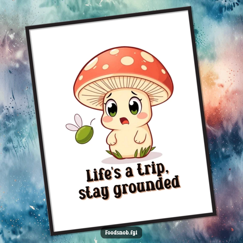 Funny Free Printable Wall Art: Surprised mushroom character with wide eyes watching a tiny olive speed past, whimsical and humorous.