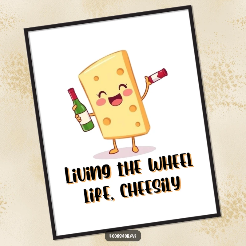 Funny Free Printable Wall Art: A cheese character joyfully balancing wine, ideal for a humorous downloadable party art.