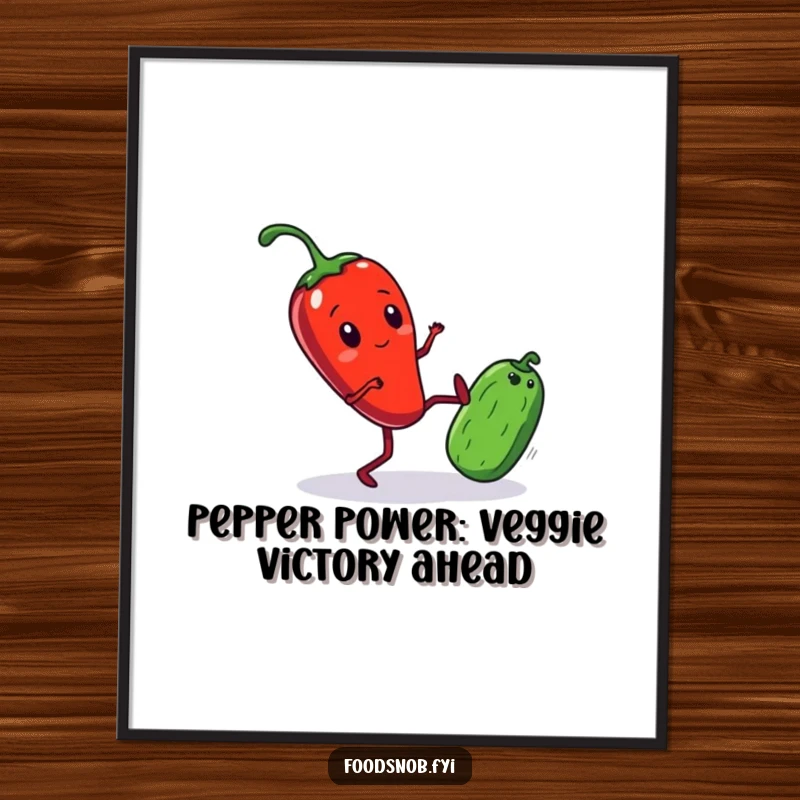Funny Free Printable Wall Art: A red chili pepper with tiny legs delivers a comical kick to a miniature cucumber. A bold, downloadable piece.
