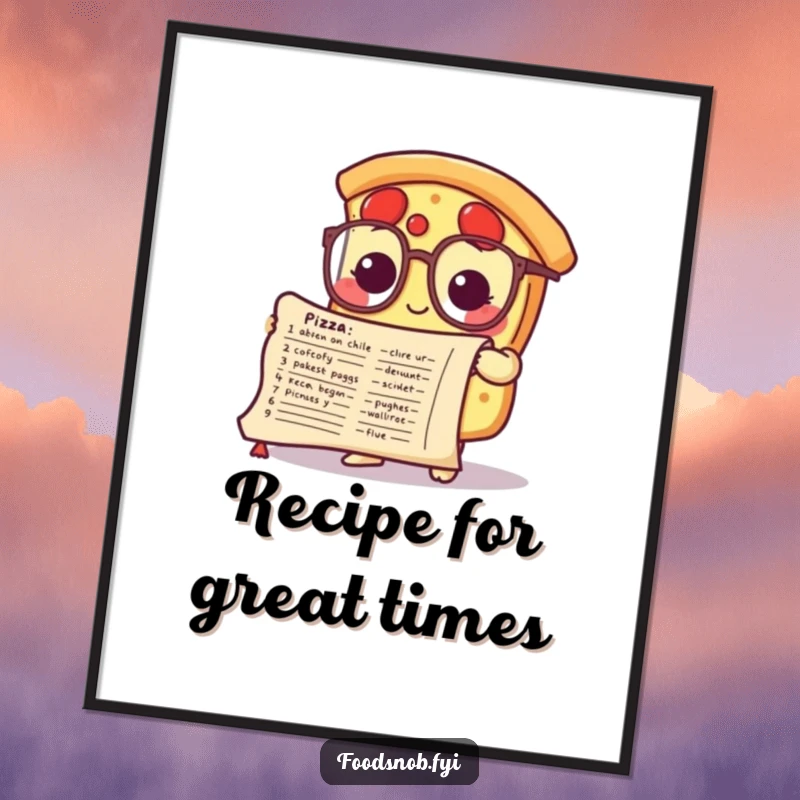 Funny Free Printable Wall Art: A cute pizza slice character with glasses intently studies a detailed recipe on a scroll.