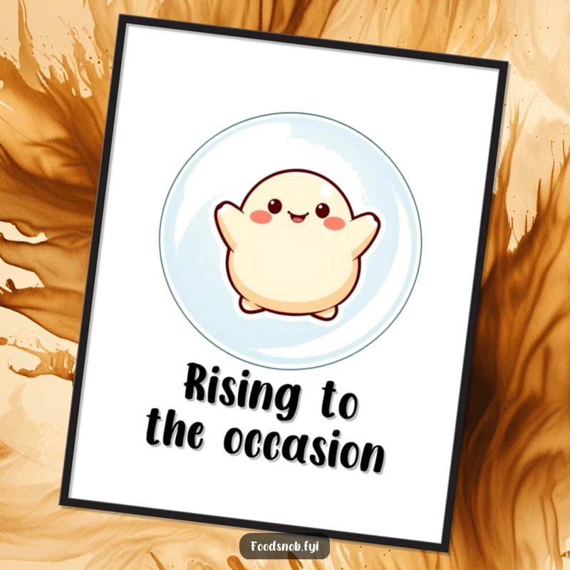 Funny Free Printable Dumpling Wall Art: A cheerful dumpling character joyfully floats upwards on a large bubble. Cute decor.