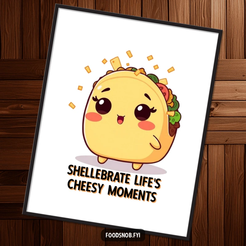 Funny Free Printable Wall Art of a surprised kawaii taco being showered with tiny cheese shreds, a humorous piece of downloadable art.
