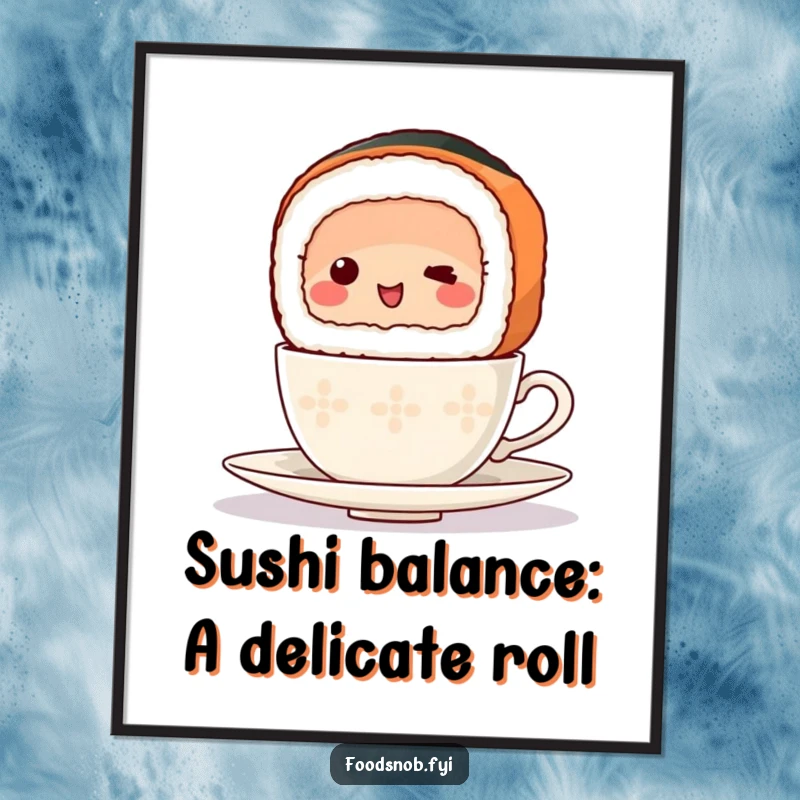 Funny Free Printable Wall Art: A smiling sushi slice precariously balances a tiny teacup, creating a charming and humorous visual. A whimsical downloadable.