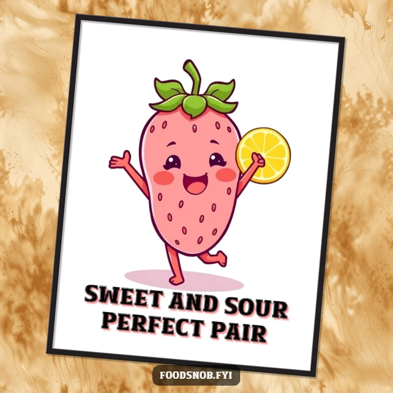 Funny Free Printable Wall Art: A joyful strawberry character in a lively dance with a zesty lemon wedge, bursting with happiness.