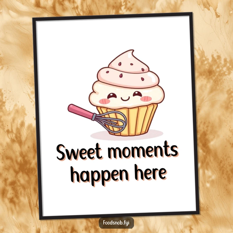 Funny Free Printable Wall Art: Giggling cupcake character playfully hiding behind a tiny whisk, delightful downloadable art.