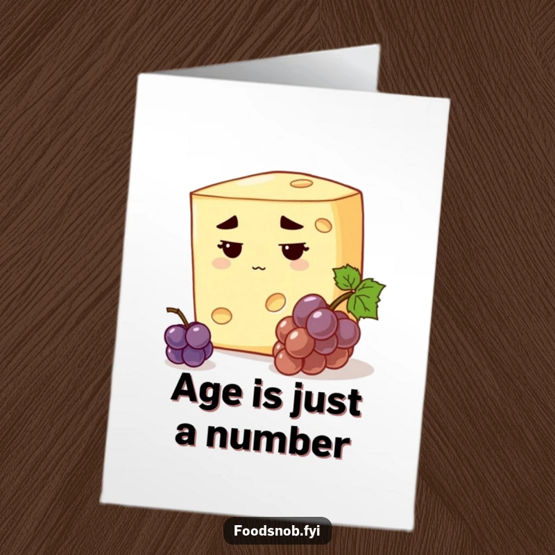 Funny Free Printable Cheese Birthday Card: A stern cheese inspects a tiny grape with a critical look.