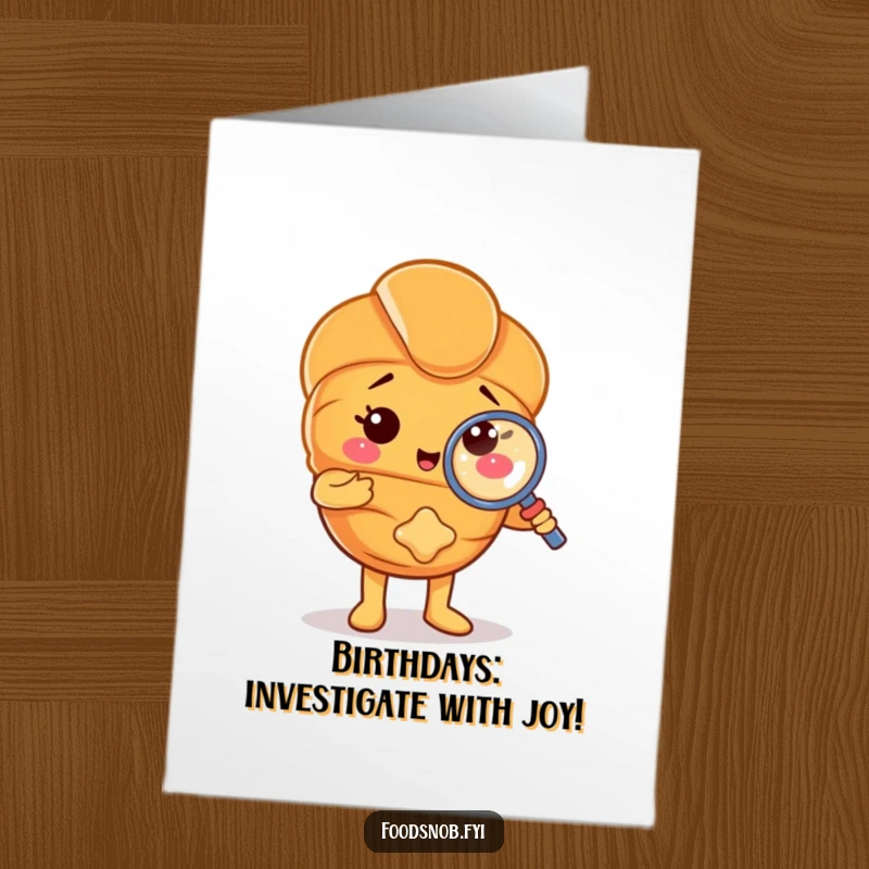 Funny Free Printable Birthday Card: Proud croissant character with a magnifying glass examining a crumb, a humorous birthday investigation.