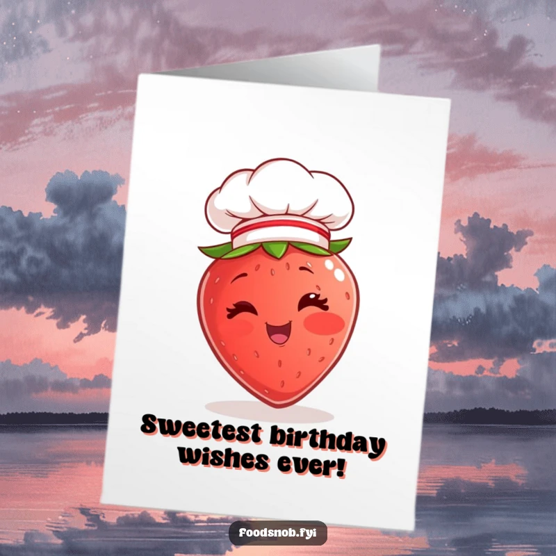 Funny Free Printable Birthday Card: A cheerful strawberry character wearing a tiny chef hat winks playfully. A sweet, downloadable greeting.