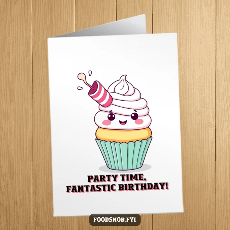 Funny Free Printable Birthday Card: A cheerful cupcake with a tiny party blower, exhaling a delightful puff of frosting.