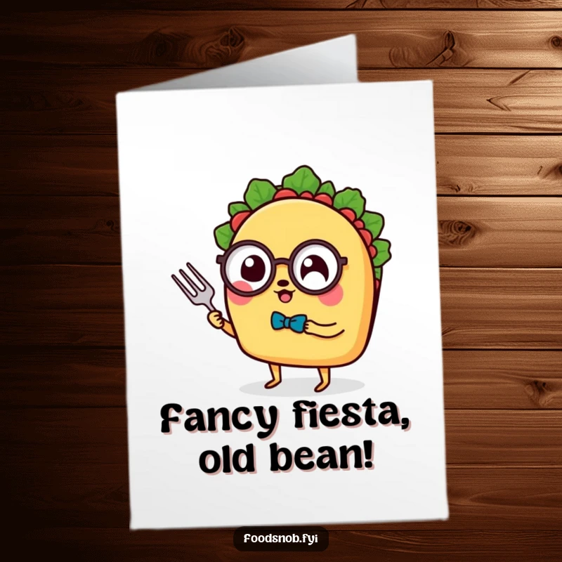 Funny Free Printable Birthday Card: A taco with tiny legs, monocle, and fork, looking distinguished and ready to celebrate.
