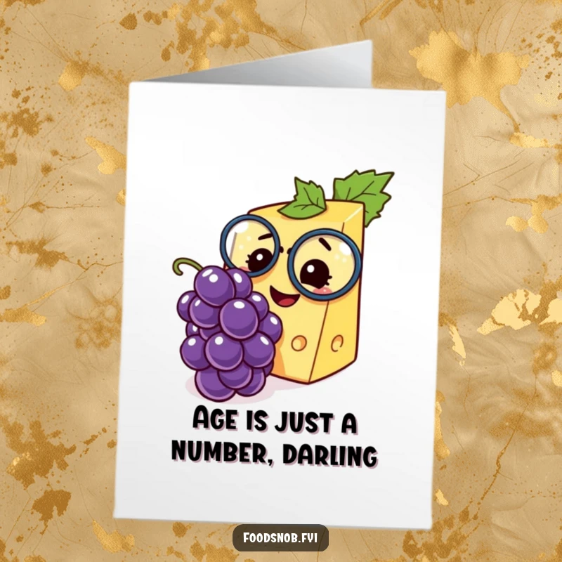 Funny Free Printable Birthday Card: Smiling cheese wedge with monocle gleefully inspects a tiny grape, ready to bring birthday cheer.