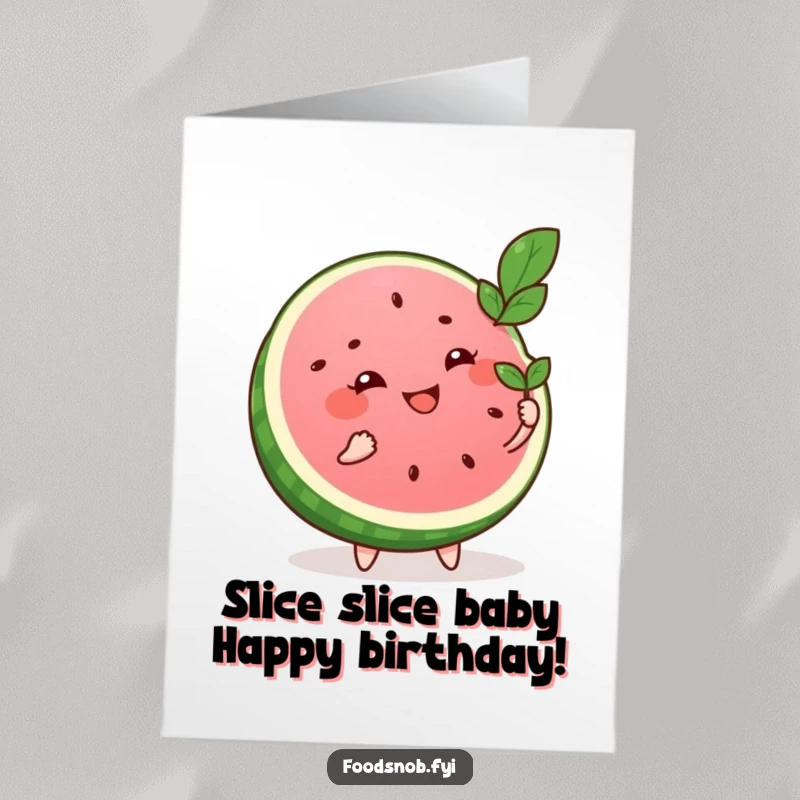 Funny Free Printable Birthday Card: Smiling watermelon slice fanning itself with a leaf, radiating cool, comical birthday vibes.