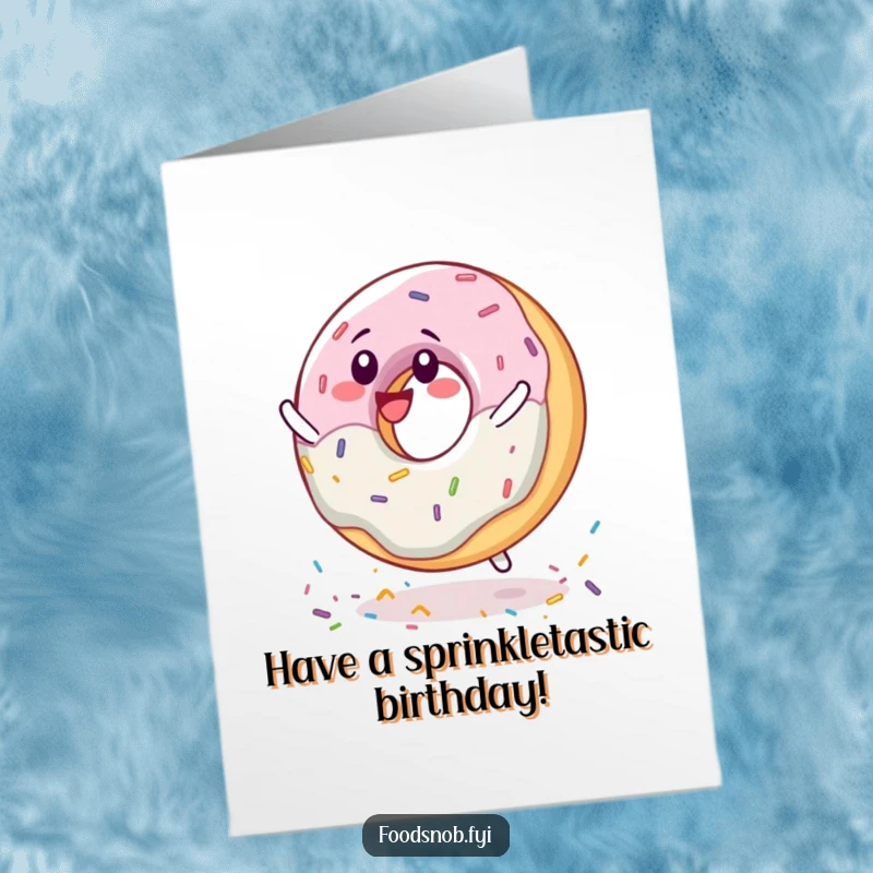 Funny Free Printable Birthday Card: A happy donut character spinning, perfect for a sweet and humorous downloadable gift.
