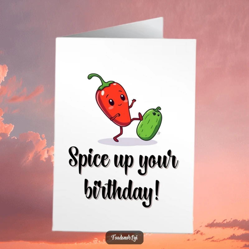 Funny Free Printable Birthday Card: A bright red chili pepper with tiny legs playfully kicks a miniature cucumber. A zesty, downloadable greeting.