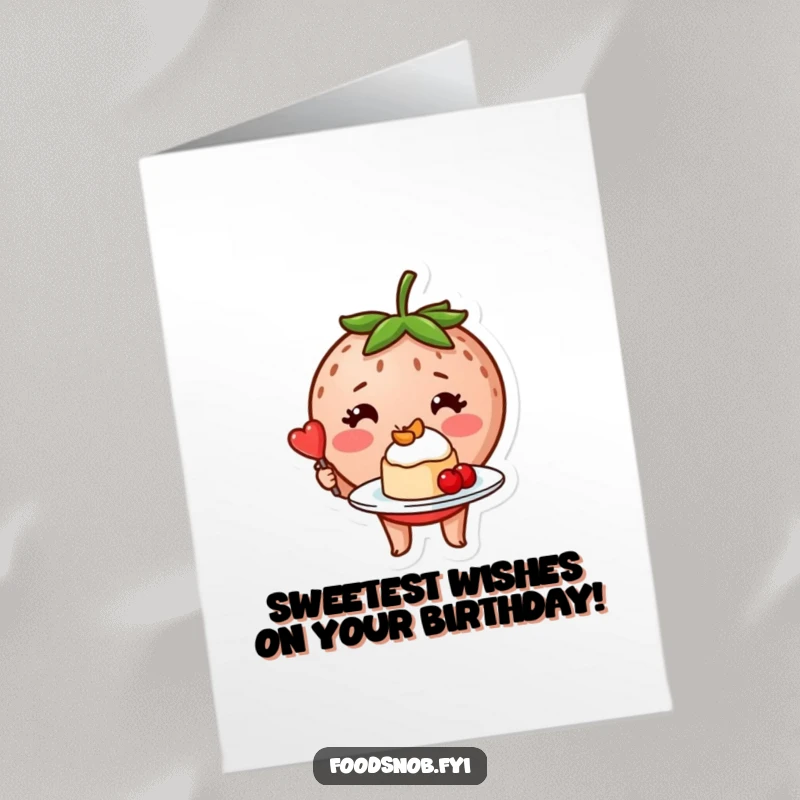 Funny Free Printable Birthday Card: A blushing strawberry character proudly presenting a miniature, perfectly plated dessert, celebrating a sweet occasion.