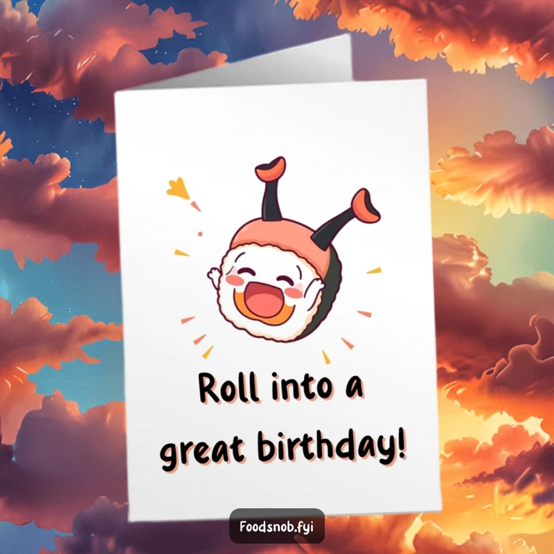 Funny Free Printable Birthday Card: Overjoyed sushi piece doing a celebratory somersault, wishing a hilarious birthday, a downloadable good time.