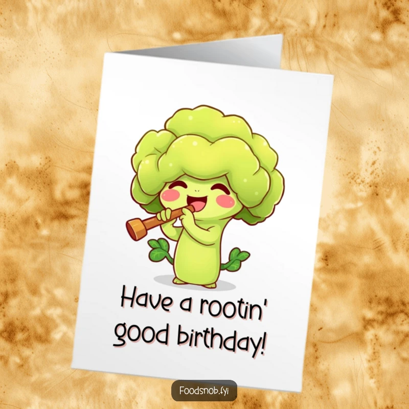 Funny Free Printable Birthday Card: Vibrant broccoli sprout character joyfully playing a tiny flute, a humorous and downloadable birthday tune.