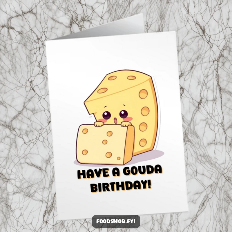 Funny Free Printable Birthday Card: Surprised cheese wedge character peeking over a giant cracker, ready for birthday fun.