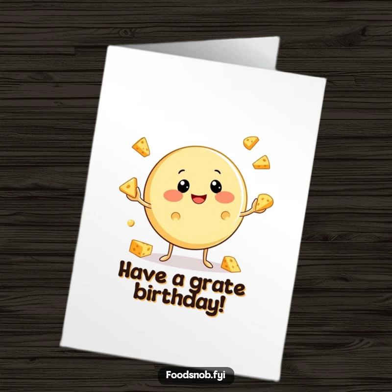 Funny Free Printable Birthday Card: Round cheese character happily juggling small cheese wedges with a contented smile.