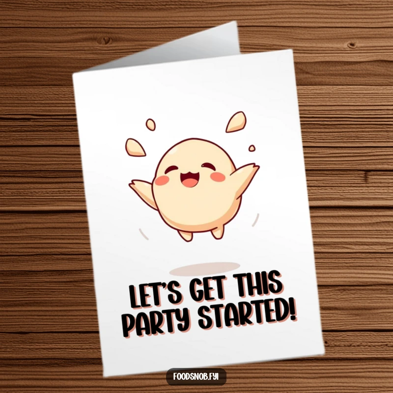 Funny Free Printable Birthday Card: Adorable giggling dumpling character being tossed playfully in the air with pure delight.