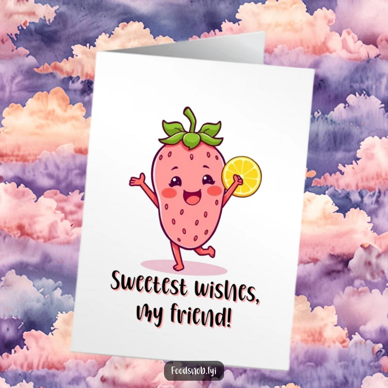 Funny Free Printable Birthday Card: Joyful strawberry character dancing enthusiastically with a cheerful lemon wedge, full of life.