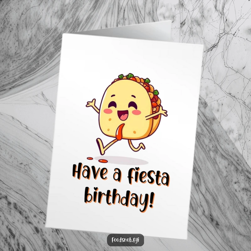 Funny Free Printable Birthday Card: Happy taco character skips joyfully with dripping salsa, spreading birthday cheer digitally.