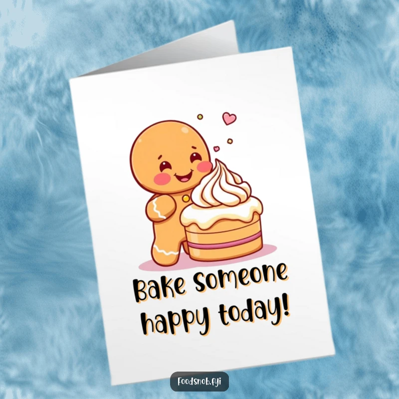 Funny Free Printable Birthday Card: Gleeful gingerbread man character excitedly icing a tiny cake, perfect for a laugh.