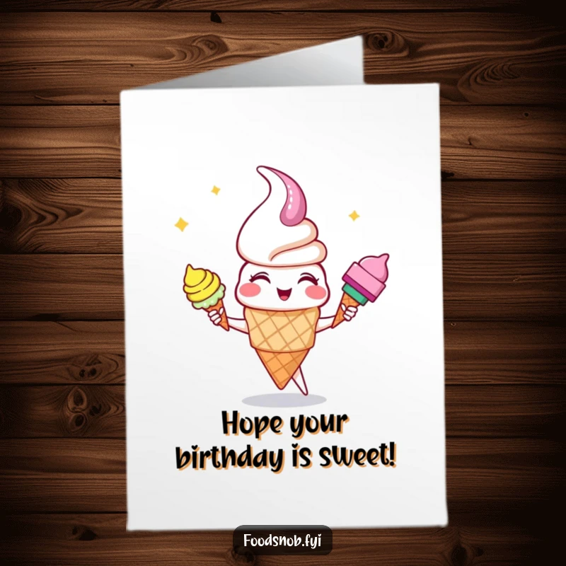 Funny Free Printable Birthday Card: A giggling ice cream cone character expertly juggling three colorful cones, a delightful downloadable greeting.