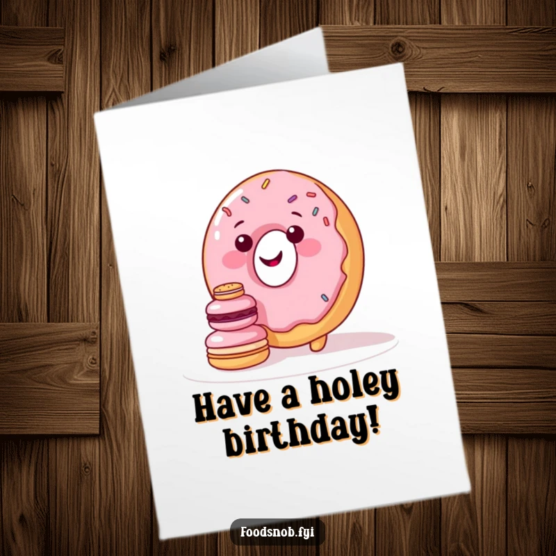 Funny Free Printable Birthday Card: A smiling donut with sprinkles tries to perfectly stack tiny, colorful macarons.