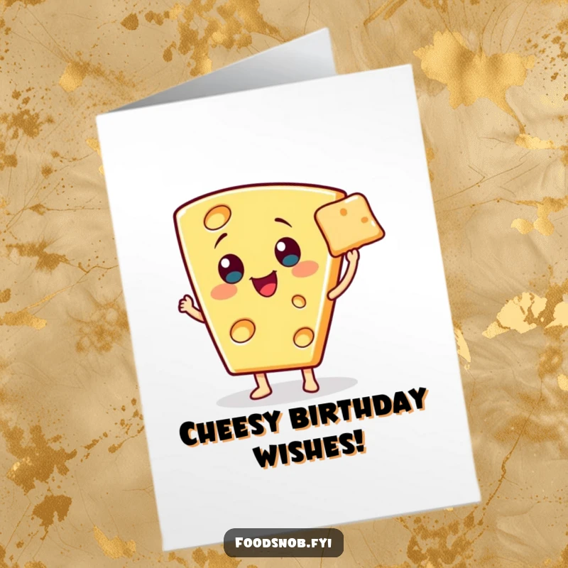 Funny Free Printable Birthday Card: A cheerful cheese wedge character proudly presents a single, tiny cracker with a flourish.